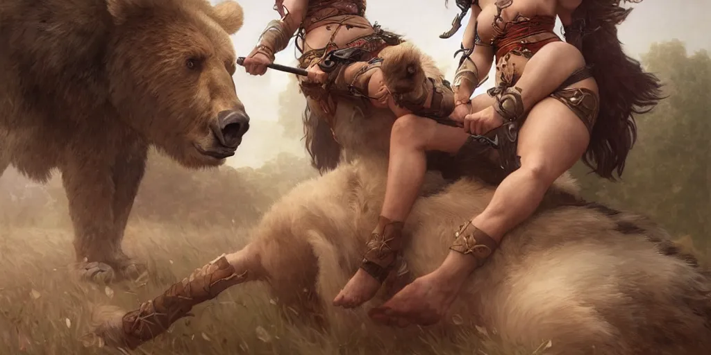 Image similar to portrait of a single barbarian princess riding a bear into battle, intricate, elegant, highly detailed, digital painting, artstation, concept art, smooth, sharp focus, illustration, art by artgerm and greg rutkowski and alphonse mucha and william - adolphe bouguereau