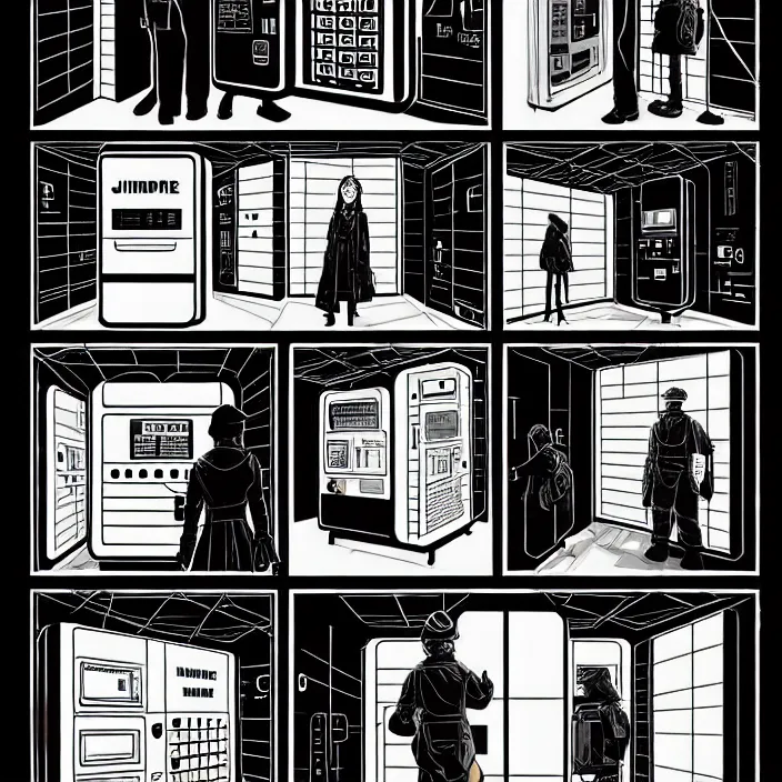 Image similar to sadie sink as a miner in a minimalist old - fashioned automated kiosk / vending machine with options to choose from. storyboard, scifi cyberpunk. by gabriel hardman, joe alves, chris bonura. cinematic atmosphere, detailed and intricate, perfect anatomy