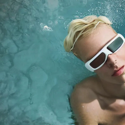 Image similar to close up kodak portra 4 0 0 face portrait photograph of a skinny guy with blonde hair submerged in a elegant tub of white milk, aerial view, wearing cyber goggles, flower crown, moody lighting, telephoto, 9 0 s vibe, blurry background, vaporwave colors, dream aesthetic, dreamy aesthetic, faded!,