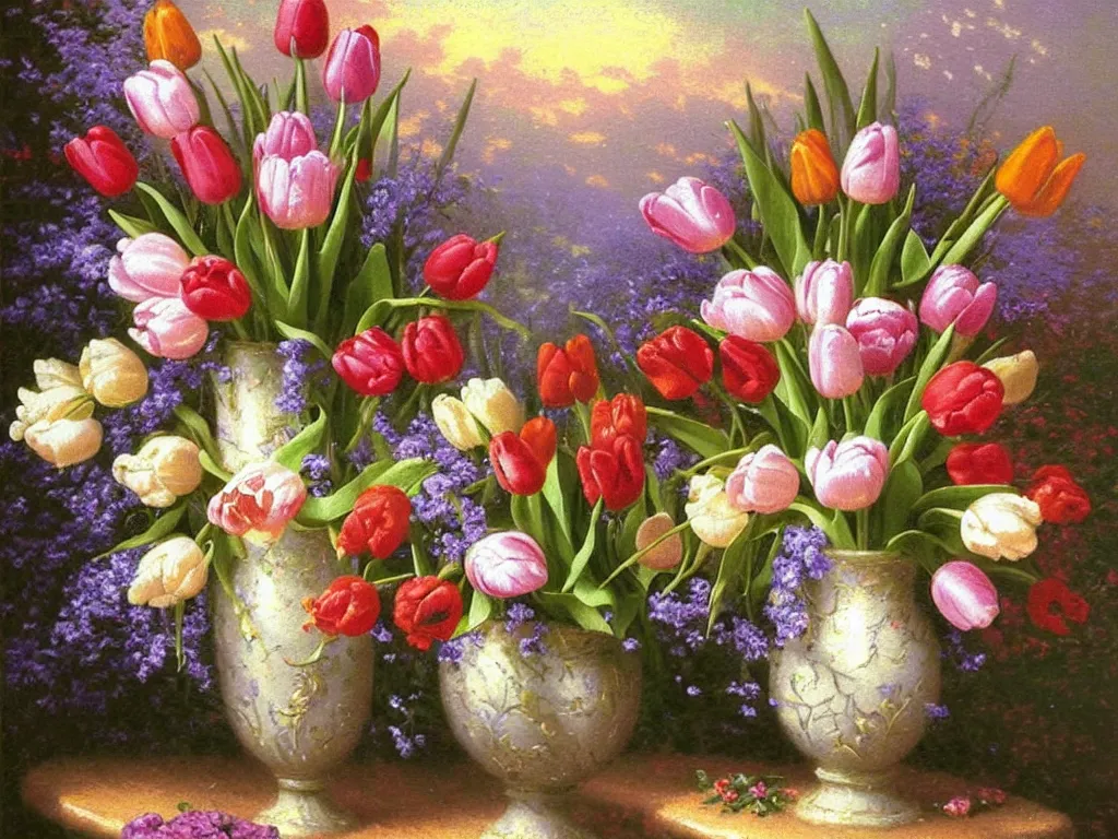 Prompt: a vase with tulips and roses, style thomas kinkade