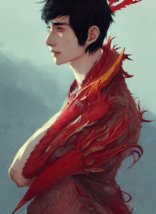 Prompt: concept art, a young man with danfeng eyes, fair complexion, straight nose, thin lips, delicate eyebrows, handsome and elegant, always wears a set of hanfu embroidered with red dragons, conrad roset, greg rutkowski, flume cover art
