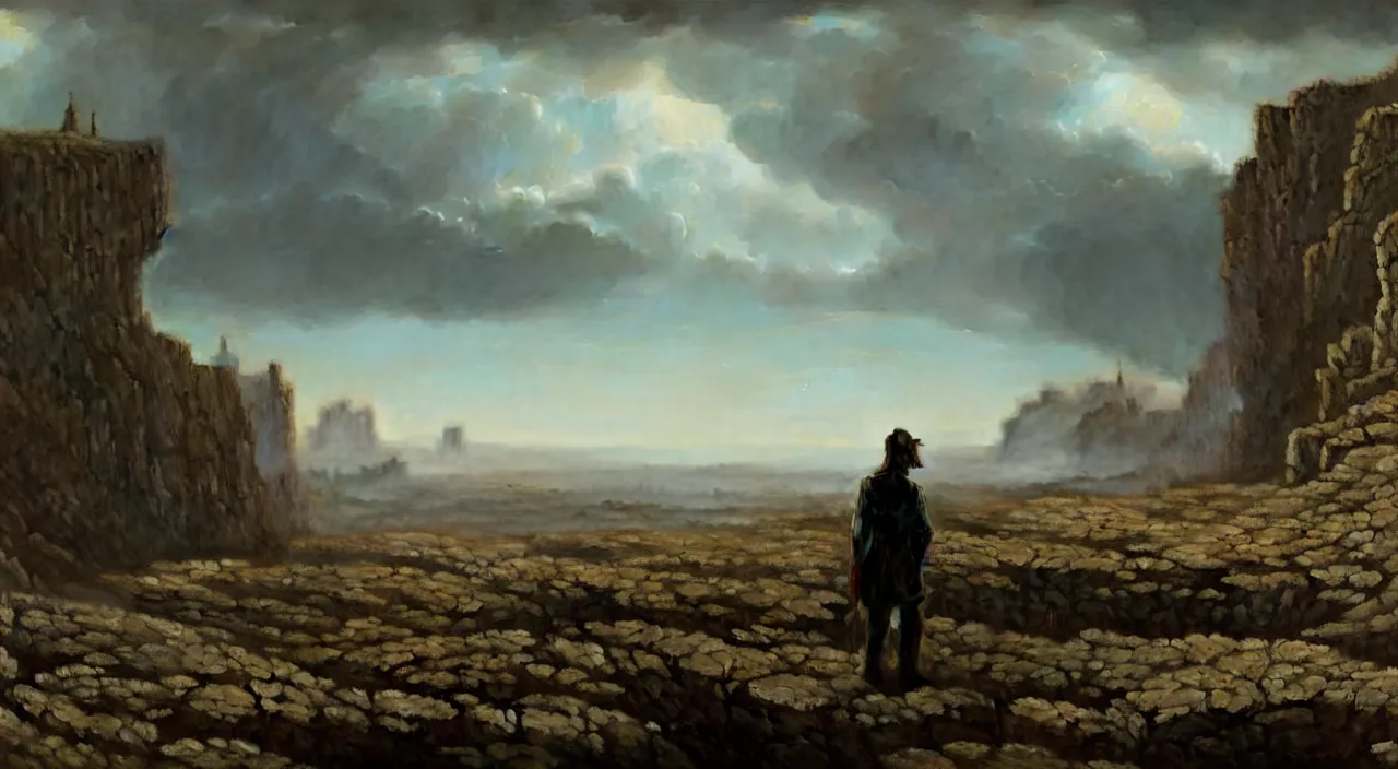 Image similar to hyperrealistic matte painting of a blind georges bataille cinematic lighting james paick courbet 8k wide angle