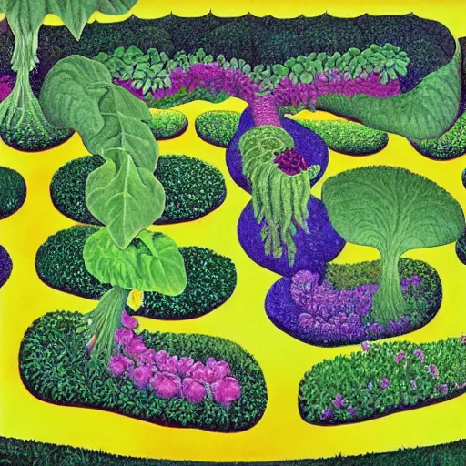 Prompt: intricate garden, painting by mc escher