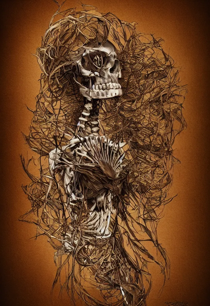 Image similar to a eeire flower skeleton, artistic, brown background, digital art.