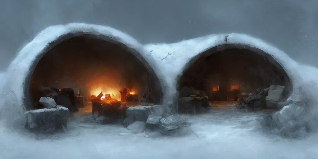 Image similar to an igloo in the tundra, with a campfire near the entrance, mysterious matte painting by ruan jia and craig mullins, trending on artstation