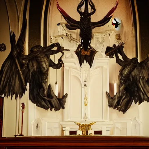 Image similar to satanic demonic creature on a church altar, realistic, horror, evil