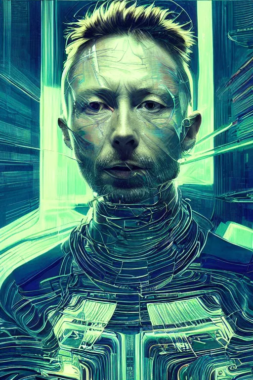 Image similar to A portrait of Thom Yorke as a cyberpunk android, iridescent highlights, surrounded by digital swirls, highly detailed, intricate, soft, sci-fi, sharp focus, subsurface scattering, art by Caravaggio, Moebius, Greg Rutkowski, Alphonse Mucha, Norman Rockwell