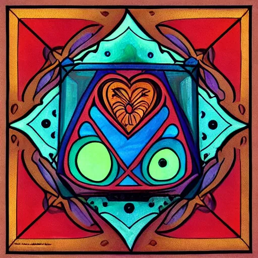 Image similar to beautiful painting of companion cube, art nouveau. gaudy colors. intricate linework. sharp edges.