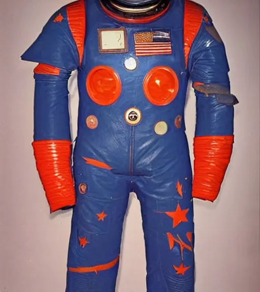 Prompt: A photo of 1980s VR spacesuit designed by US Army, scary athmosphere, dark, single vague light, desert military base at night, slightly desatured colors, Polaroid photo found in the attic