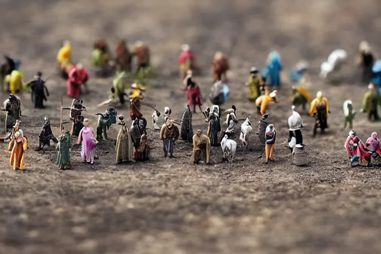 Prompt: miniature figurines of heironymus bosch monsters, tilt shift, product photography