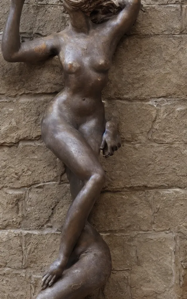 Image similar to detailed photo of old bronze patina statue of gorgeous pinup, character emerges from the castle wall super highly detailed, full body view, various poses, the statue is inside the versailles castel, photorealism, intricate detail, museum diffuse lighting, autumn sunlights