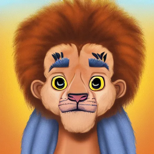 Image similar to a full-height portrait from afar of Simba form the Lion King look like an ordinary human boy with beautiful hair and the head of the lion, wearing a white T-shirt and blue jeans, humanisation, digital art style