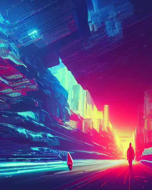 Image similar to Digital world, simulation theory, glitching, scifi, global illumination, unique landscape, fine details, perfect, 8k high detail, masterpiece, trending on ArtStation, by Alena Aenami, Petros Afshar, Liam Wong