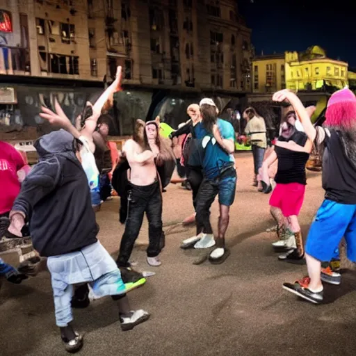 Image similar to a group of homeless people dancing to rave music,