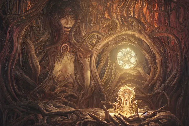 Image similar to a lovecraftian painting of a demonic shrine, occult, moster summoning, warlocks ritual, cosmic horror elements, ultra realistic, concept art, intricate details, eerie, highly detailed, photorealistic, octane render, 8 k, unreal engine. art by artgerm and greg rutkowski and alphonse mucha