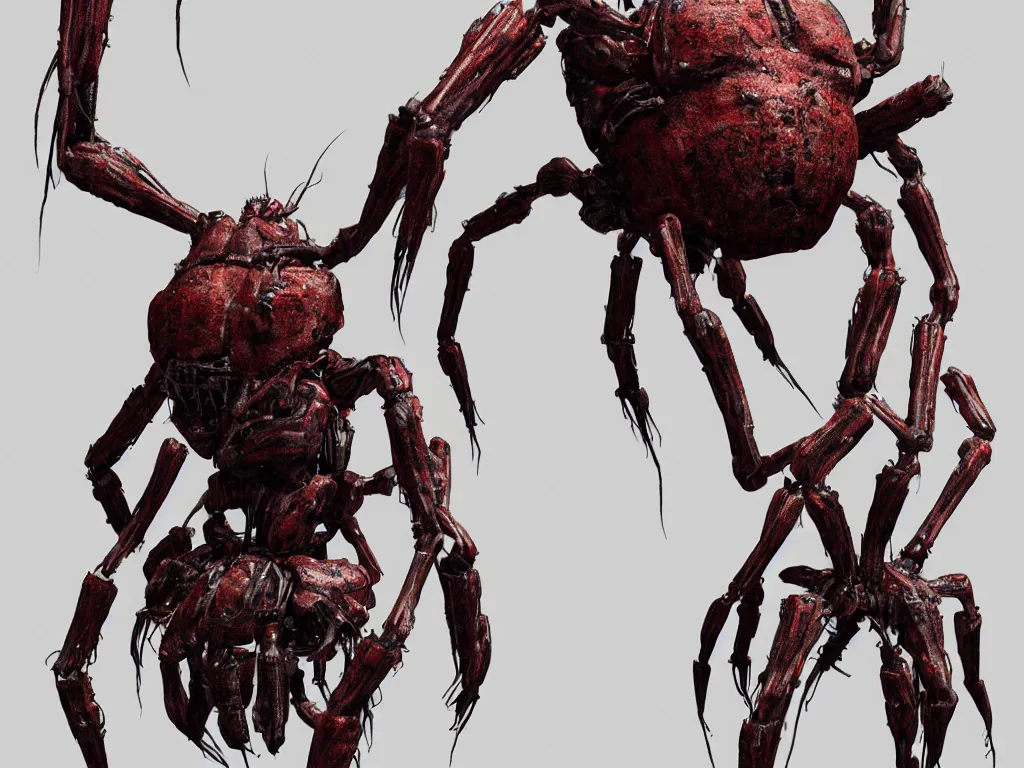 Image similar to Techno-biological iron-meat spider with big artillery cannon in his torso. Consisting of tumors, veins, guts, long spider paws, kidneys, wires, shafts. The head is made of mechanisms and a fanged maw. Bodyhorror, biopunk, extremely high detail, ultra realistic, photorealism, concept art, octane render, view from a distance, 8k, 16k