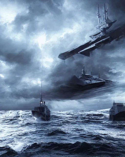 Prompt: scifi action scene of a fishing boat on stormy seas, a terrifying gigantic star destroyer spaceship flying overhead, the gigantic star destroyer spaceship is emerging from storm clouds, sunset lighting, stormy weather, dramatic lighting, unreal engine, hyper realism, realistic shading, cinematic composition, realistic render, octane render, detailed textures, photorealistic, ultrawide shot, 1 6 mm lens