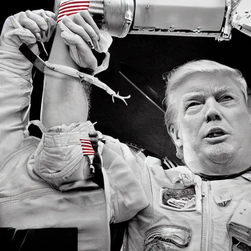 Prompt: donald trump strapped to a rocket, to space, natural light, photograph - shot, by terry richardson