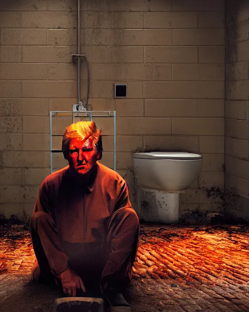 Image similar to a head and shoulders portrait of Donald trump behind bars, wearing a orange jumpsuit, sitting on a toilet holding a bible in a filthy rat infested concrete jail In a maximum security prison, dimly lit, volumetric lighting, arney freytag, craig mullins and Annie Leibowitz, octane, 8k,