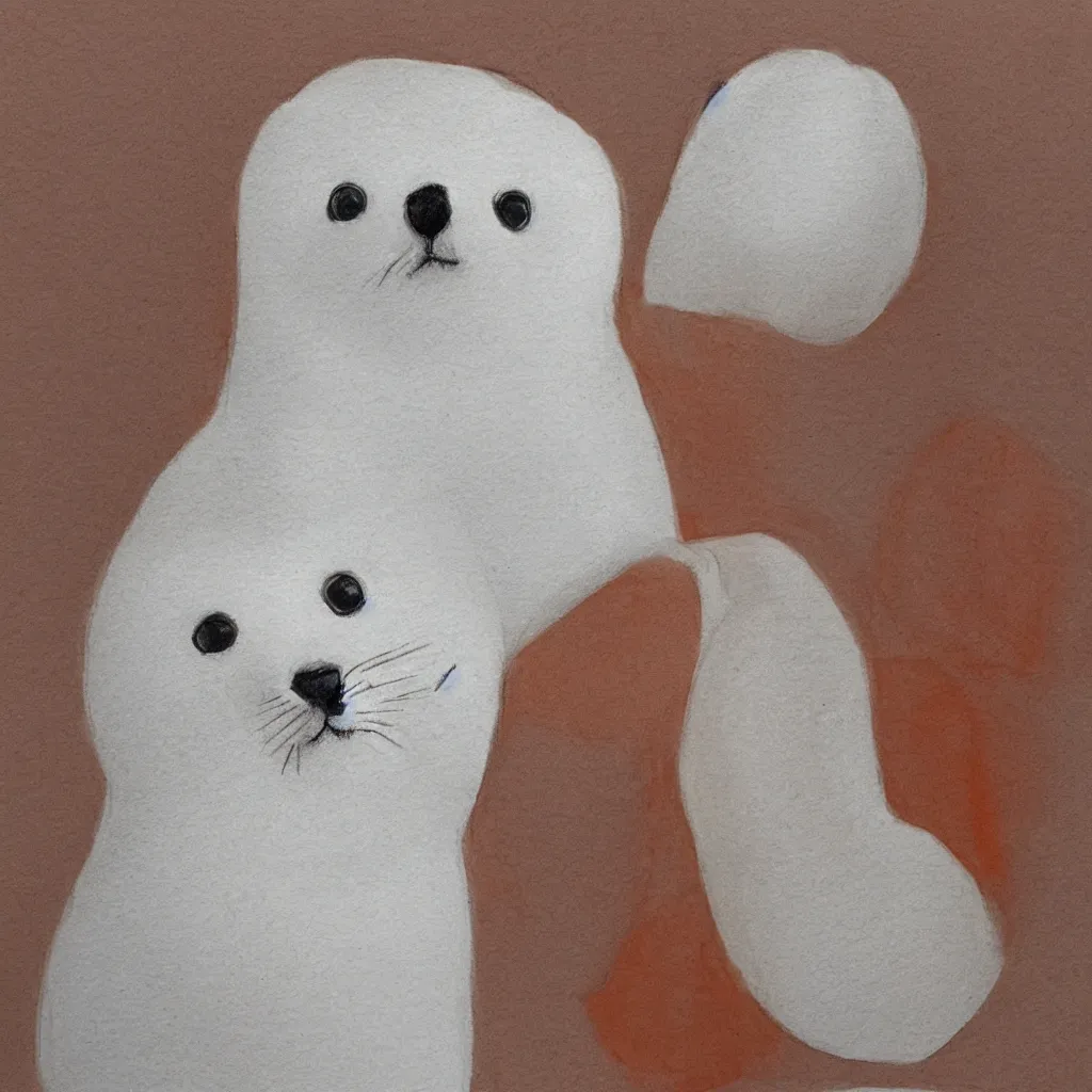 Image similar to one baby harp seal in an orange jumpsuit, sitting at the witness stand, courtroom sketch
