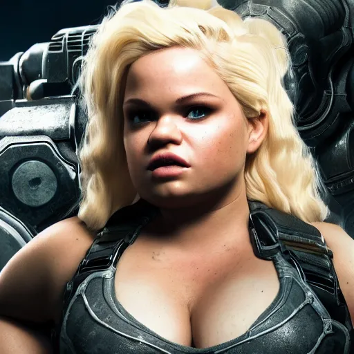 Prompt: Portrait of trisha paytas in Gears of War, splash art, movie still, cinematic lighting, dramatic, octane render, long lens, shallow depth of field, bokeh, anamorphic lens flare, 8k, hyper detailed, 35mm film grain