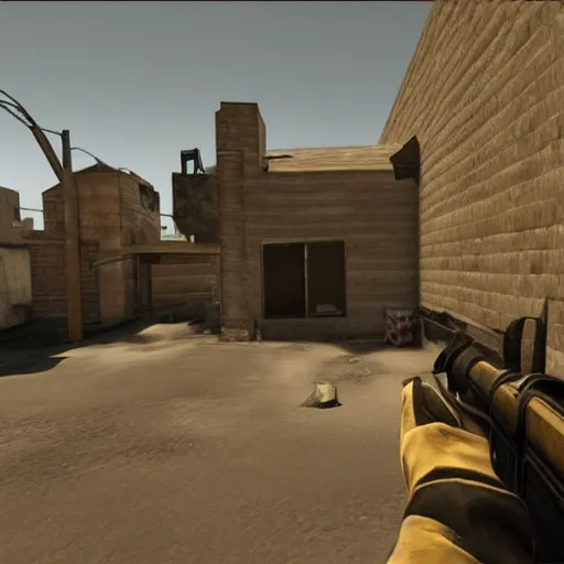 Prompt: Walter White in Counter Strike Global Offensive gameplay videogame screenshot trailer footage, de_dust 2 desert town
