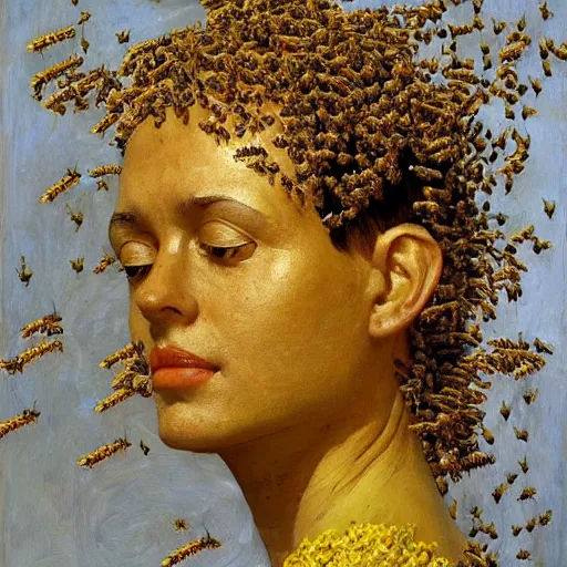 Image similar to a sculpture portrait made of bees and honey and flowers and plants, painting part by wojciech siudmak, part by ilya repin, part by max ernst, part by norman rockwell, artstation