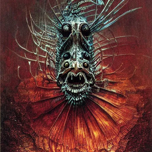 Prompt: lionfish beksinski, eldritch, apocalypse, creepy creature, horror spooky