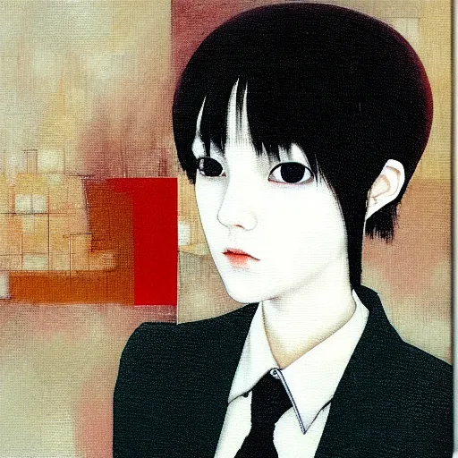 Image similar to yoshitaka amano blurred and dreamy realistic three quarter angle portrait of a young woman with short hair and black eyes wearing office suit with tie, junji ito abstract patterns in the background, satoshi kon anime, noisy film grain effect, highly detailed, renaissance oil painting, weird portrait angle, blurred lost edges