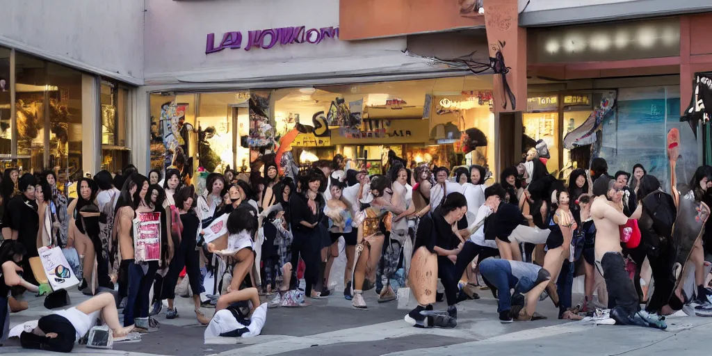 Prompt: crowd of crazy people with posters attack cosplayers in front of stores in los angeles with light screens all over the street, photorealism, professional lighting, lantern lighting, japanese chill photos, conceptual art