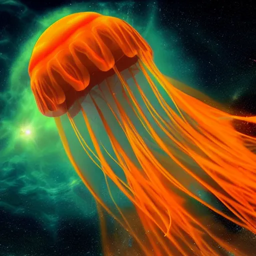 Image similar to a colossal gigantic glowing orange jellyfish ascending into a portal in the sky, galaxies and stars in a stylized sky, digital art
