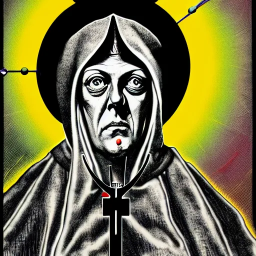 Prompt: graphic illustration, creative design, aleister crowley as a nun, biopunk, francis bacon, highly detailed, hunter s thompson, mixed media