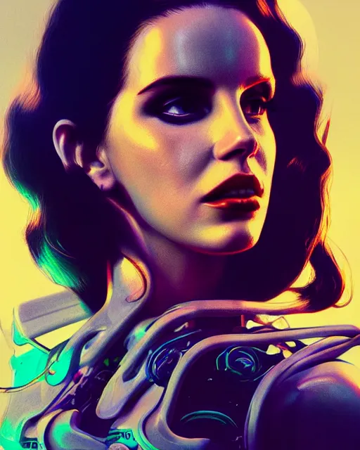 Image similar to portrait of lana del rey as a cyborg. intricate abstract. intricate artwork, by tooth wu, wlop, beeple, dan mumford. concept art, octane render, trending on artstation, greg rutkowski very coherent symmetrical artwork. cinematic, key art, hyper realism, high detail, octane render, 8 k, iridescent accents