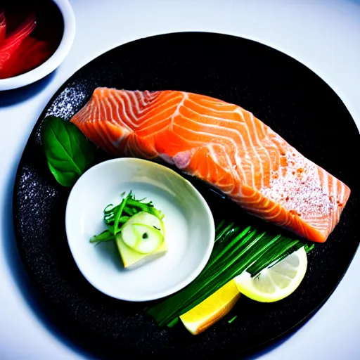 Image similar to gigantic gourmet salmon sashimi food photography black and white