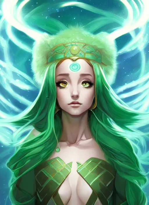 Image similar to style artgerm, joshua middleton, illustration, ariana grande as a high priestess wearing green pelt light armor, anime eyes, blue hair, swirling water cosmos, fantasy, dnd, cinematic lighting