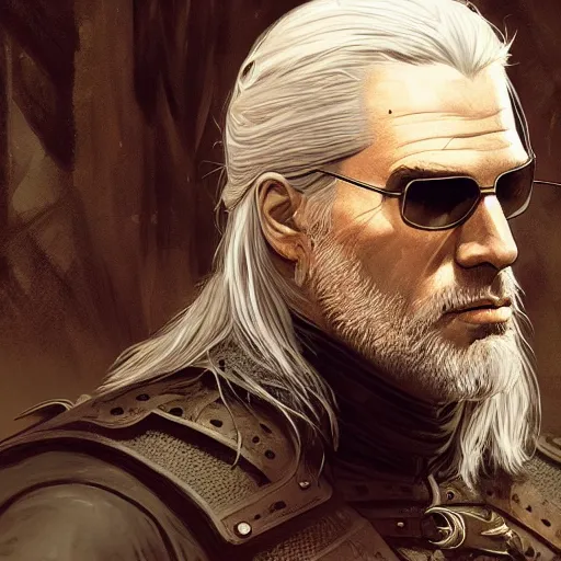 Prompt: geralt of rivia after a hunt, with black sunglasses, award winning, paint detailed digital artstation, close up, portrait hd 4 k, by monet and greg rutkowski and gaston bussiere and craig mullins and j. c. leyendecker, hd 1 1. 0