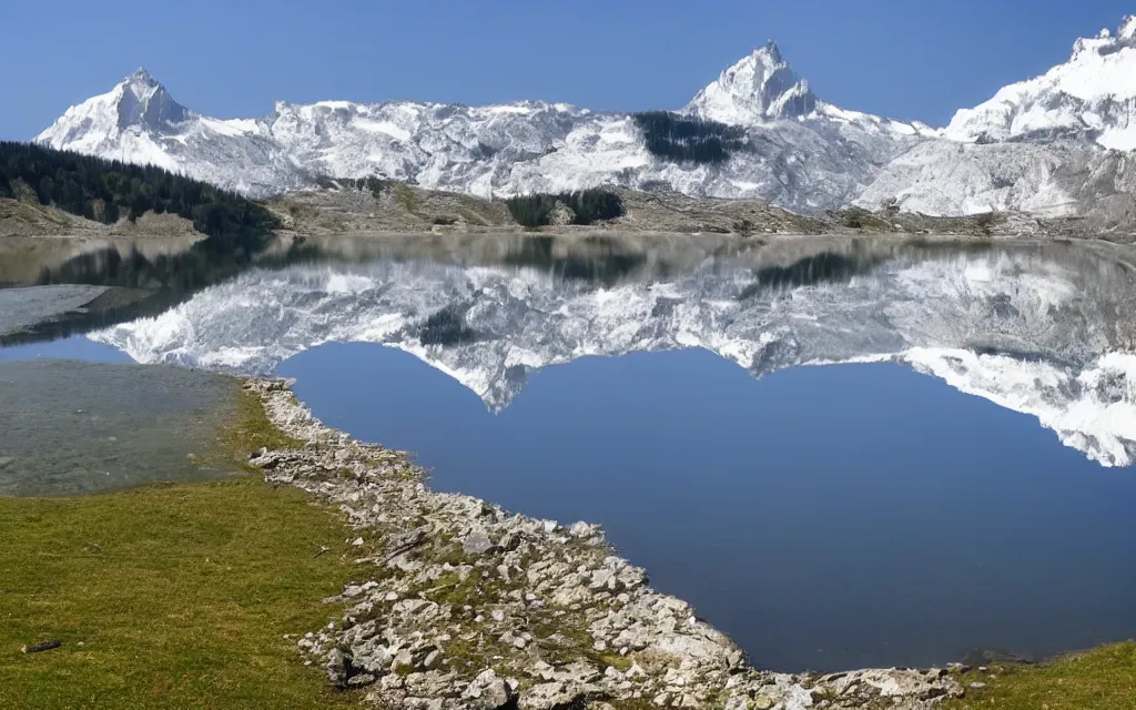 Image similar to the alps and reflection in a lake in the style of georgia o keefe