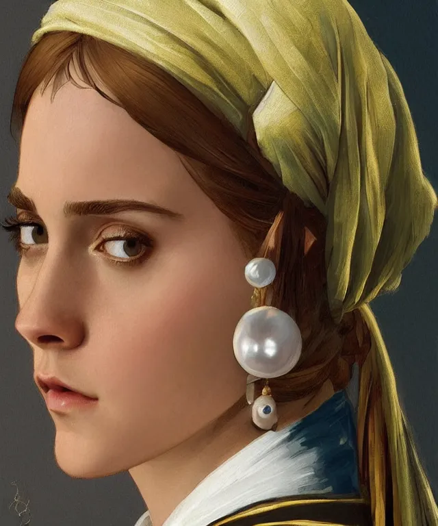 Image similar to Emma Watson as the girl with the pearl earring, highly detailed, digital painting, artstation, concept art, smooth, sharp focus, illustration, ArtStation, art by artgerm and greg rutkowski and alphonse mucha and J. C. Leyendecker and Edmund Blair Leighton and Katsuhiro Otomo and Geof Darrow and Phil hale and Ashley wood and Ilya repin and Charlie Bowater