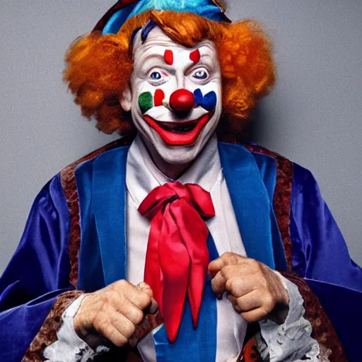 Image similar to UHD candid photo of Bill Gates dressed as a Court Jester, wearing extremely accurate clown makeup, accurate face, UHD, photorealistic, correct face, photo by Annie Leibowitz