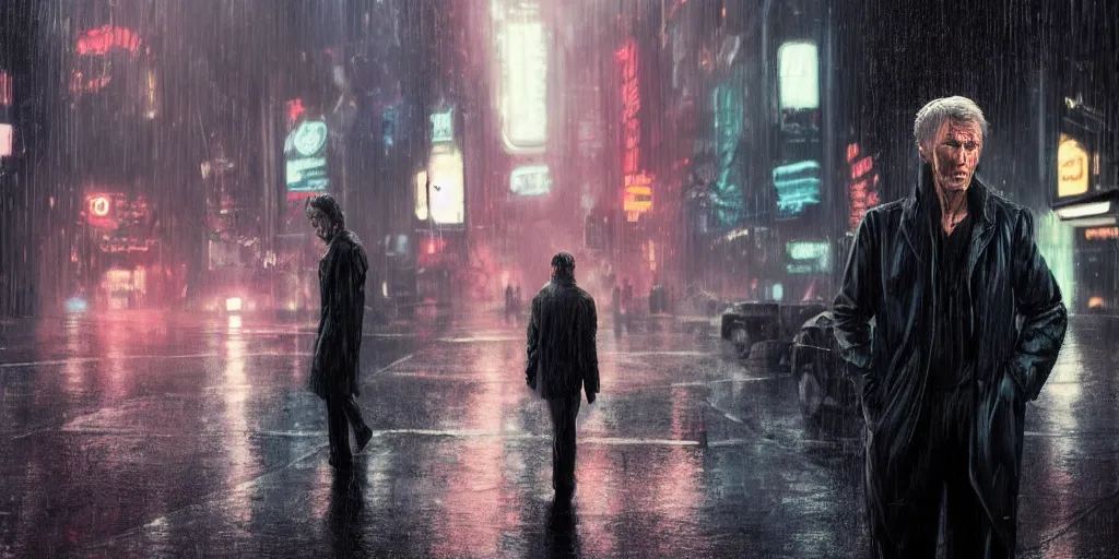 Prompt: digital art of young middle age clint eastwood in blade runner movie, posing on a neon rainy vague street in headlights matte painting, 8k resolution, concept art, detailed, photo realism, cgsociety, artstation, behance, amazing, wow, touching