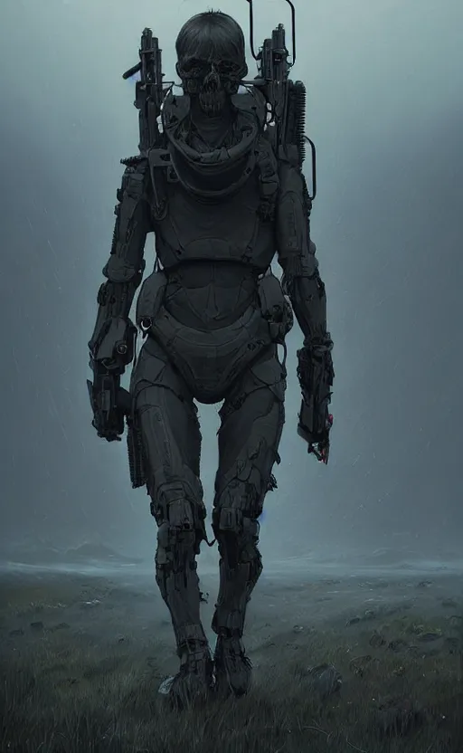 Image similar to death stranding landscape, anatomically correct human female figure wearing tactical gear in field facing forward, cinematic lighting, dark shadows, hyper detailed, digital painting by greg rutkowski and simon stalenhag, artstation, cgsociety, intricate, concept art