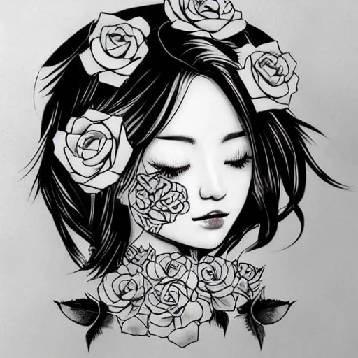 Image similar to tattoo design, stencil, beautiful japanese girls face, roses and ivy surrounding by artgerm, artgerm, cat girl, anime