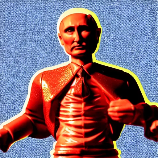 Image similar to putin russia isolated vinyl figure, figure photography, dynamic pose, holographic undertones, motion shapes color design, glitter accents on figure, anime stylized, sharp focus, accurate fictional proportions, high delicate defined details, ethereal lighting