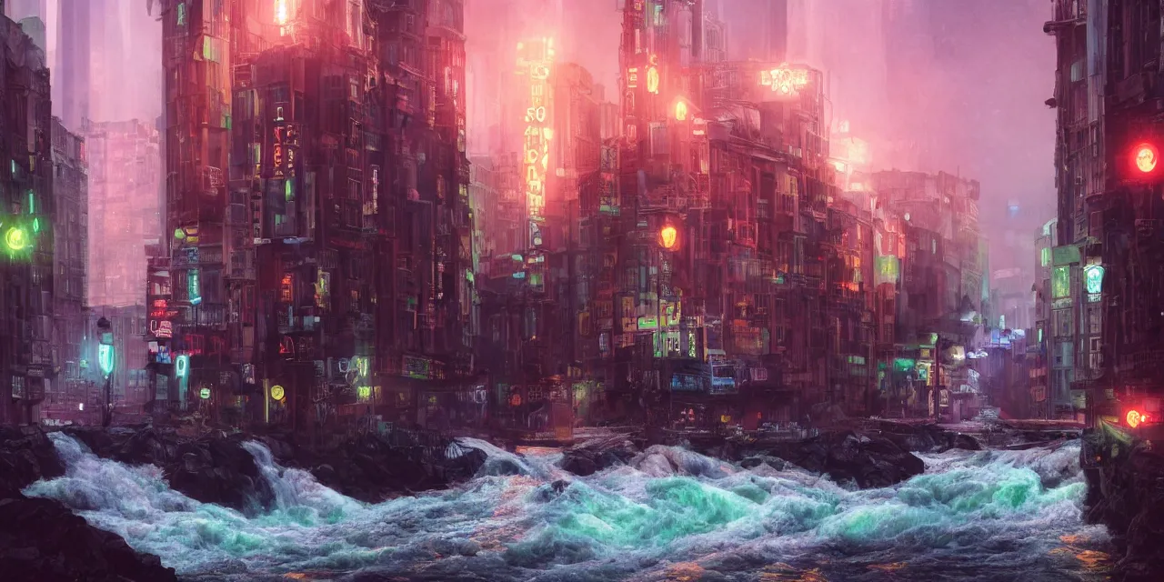 Prompt: street level view of turbulent river rapids rushing through a city at night , volumetric lighting, green and red glowing lights, 4k, octane, digital painting, artstation, concept art, sharp focus, illustration, high contrast, high saturation , cinematic film still, by by artgerm and greg rutkowski and alphonse mucha , wide angle view