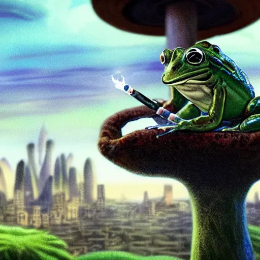 Image similar to A close up portrait of a scary godlike anthropomorphic frog smoking an anime cigarette , magic mushroom village in background . award winning. superb resolution. in the art style of junji Ito and greg rutkowski . Detailed Mushroom city in background. Hyper realistic anime. Perfect art. Dalle2