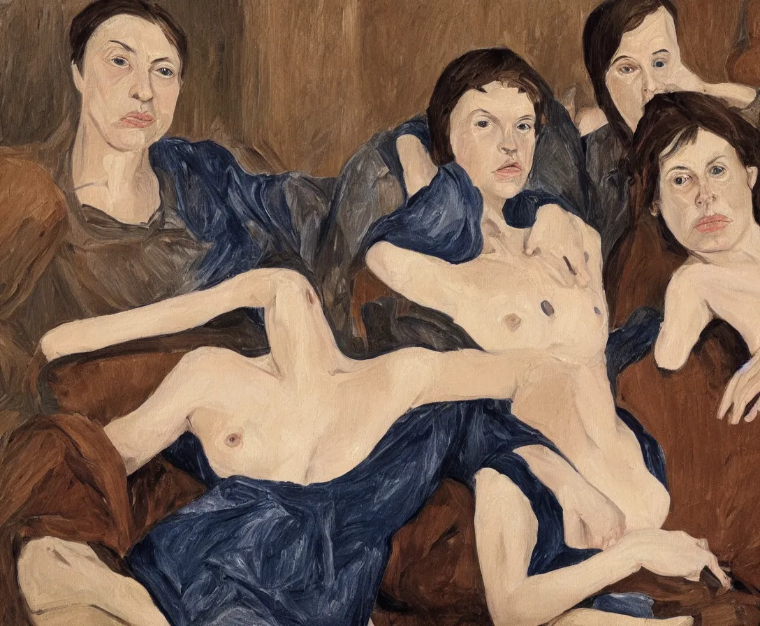Image similar to two women, in an old english apartment on a brown leather sofa. one is wearing a dark blue sweather, the other a white shirt. brown hair, they are looking into the camera. wide shot. in the style of lucien freud. oil painting.