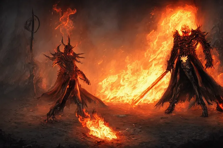 Image similar to Ghost Rider, flaming grim reaper, the pits of hell, upper body character concept, dark souls concept art, Feng Zhu concept art, dramatic lighting, highly stylized, trending on artstation, high-quality wallpaper, desktopography