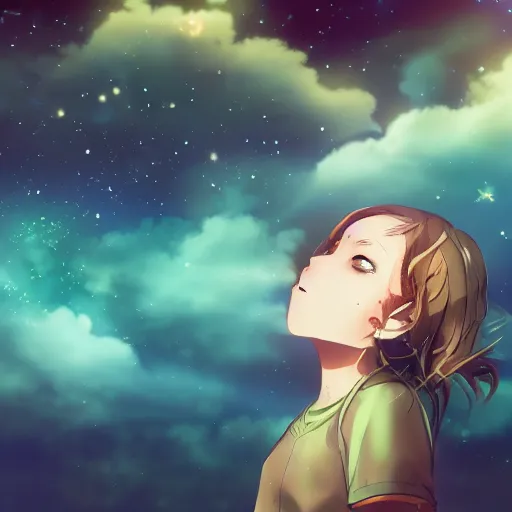 Prompt: a girl staring up a the stars in a anime style, digital art, 4K