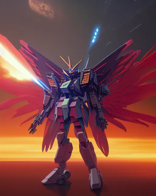 Image similar to highly detailed vfx portrait of an demonic gundam with wings of feathers beam saber fighting in space with a beam gun, unreal engine, greg rutkowski, loish, rhads, beeple, makoto shinkai and lois van baarle, ilya kuvshinov, rossdraws, tom bagshaw, alphonse mucha, global illumination, detailed and intricate environment