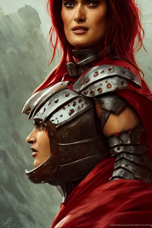 Prompt: portrait, Salma Hayek , barbarian , dressed in red leather armor, face portrait, raphael lacoste, eddie mendoza, alex ross, concept art, matte painting, highly detailed, rule of thirds, dynamic lighting, cinematic, detailed, denoised, centred